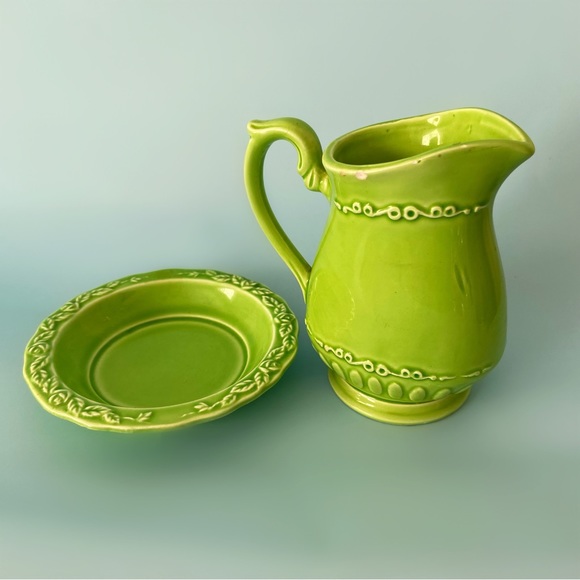 Vintage Norleans Japan lime green pitcher and dish set floral kitsch home decor - Picture 2 of 4